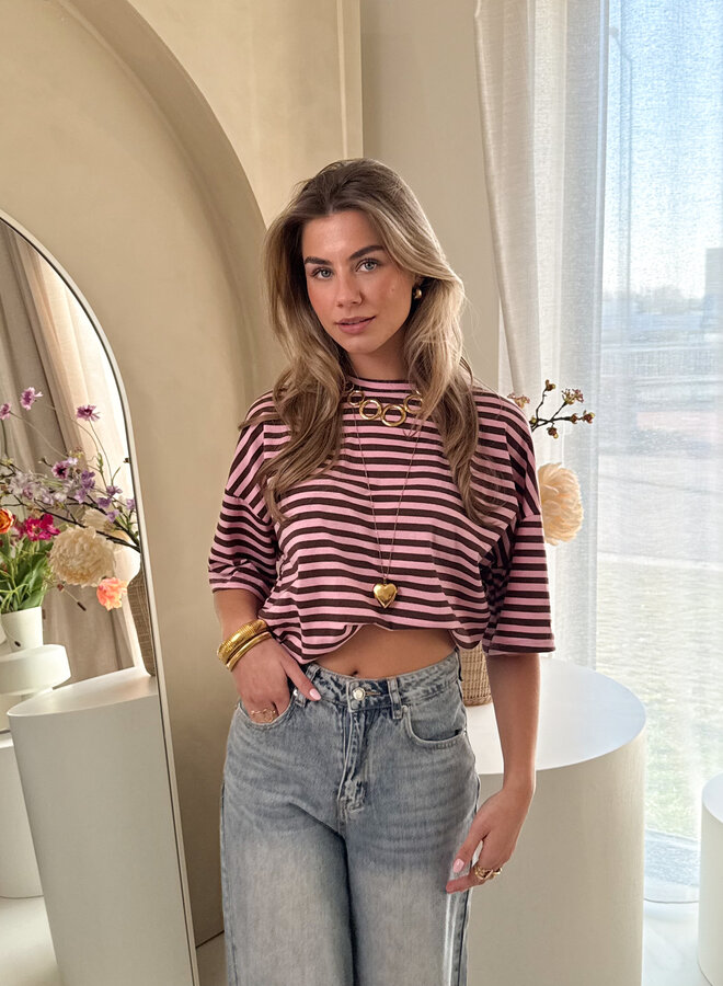 Hannah strepen tshirt roze/bruin