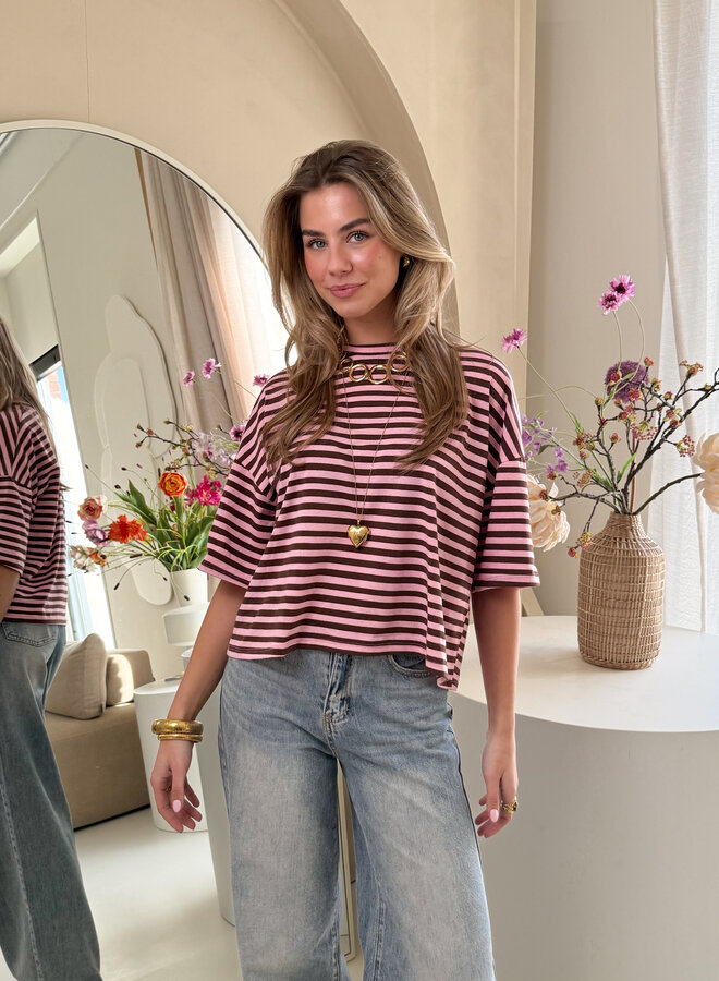 Hannah strepen tshirt roze/bruin