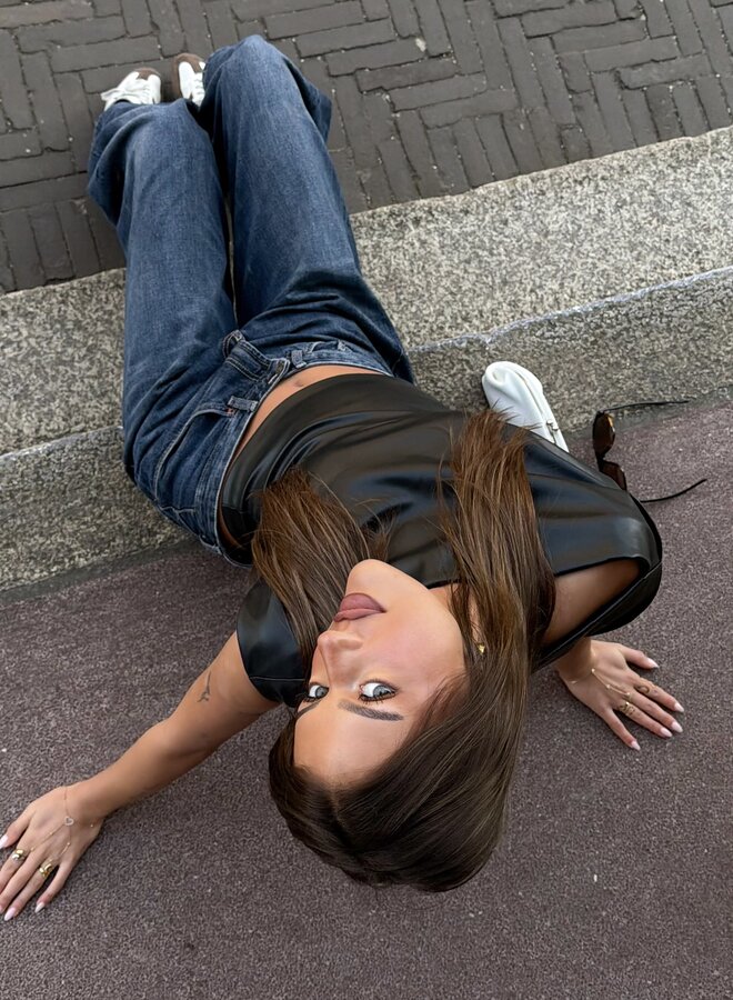 Leren top off shoulder Valerie zwart