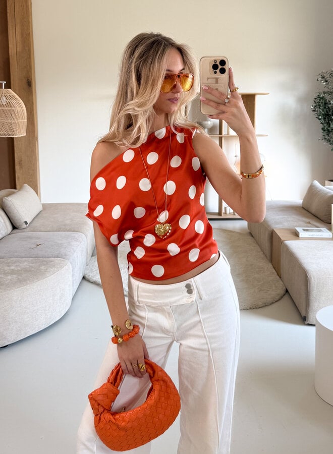 Stippen top off shoulder Polka oranje