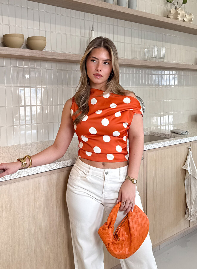 Stippen top off shoulder Polka oranje