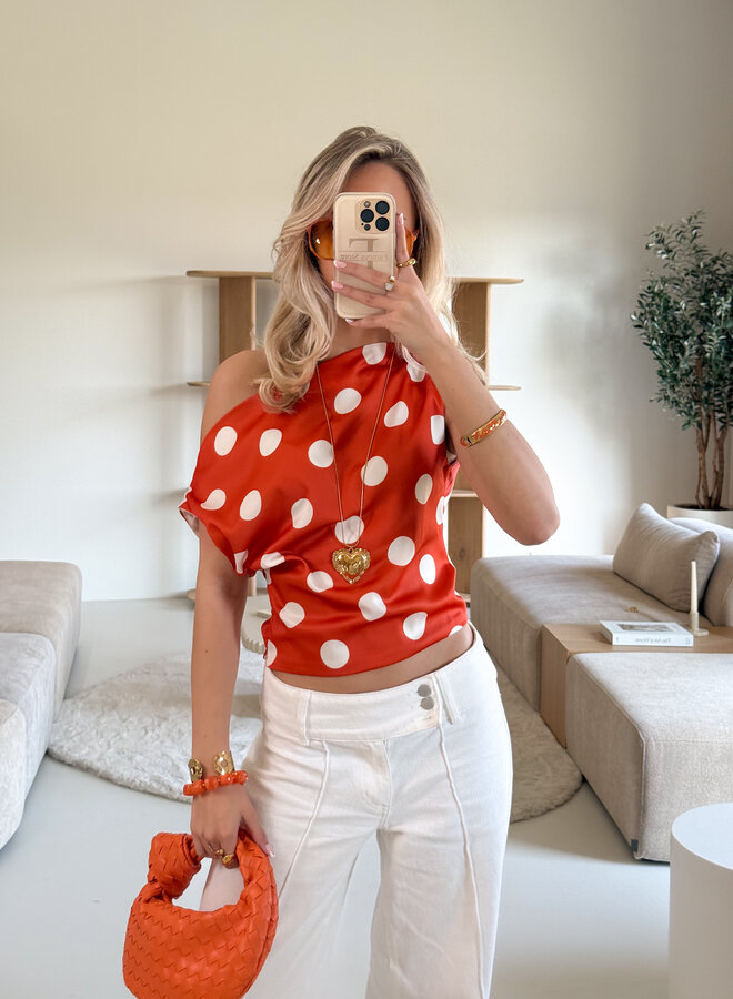Stippen top off shoulder Polka oranje