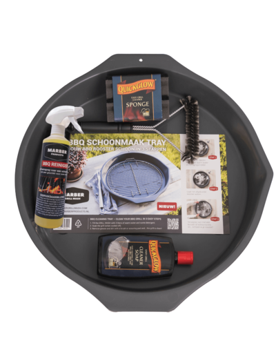 MARBER PRODUCTS - BBQ schoonmaakset ultra compleet : GRILL WASH + Cleaner Soap + BBQ Reiniger Foamspray + Borstel  + Grill Sponzen(2) - voor roosters tm 48 cm