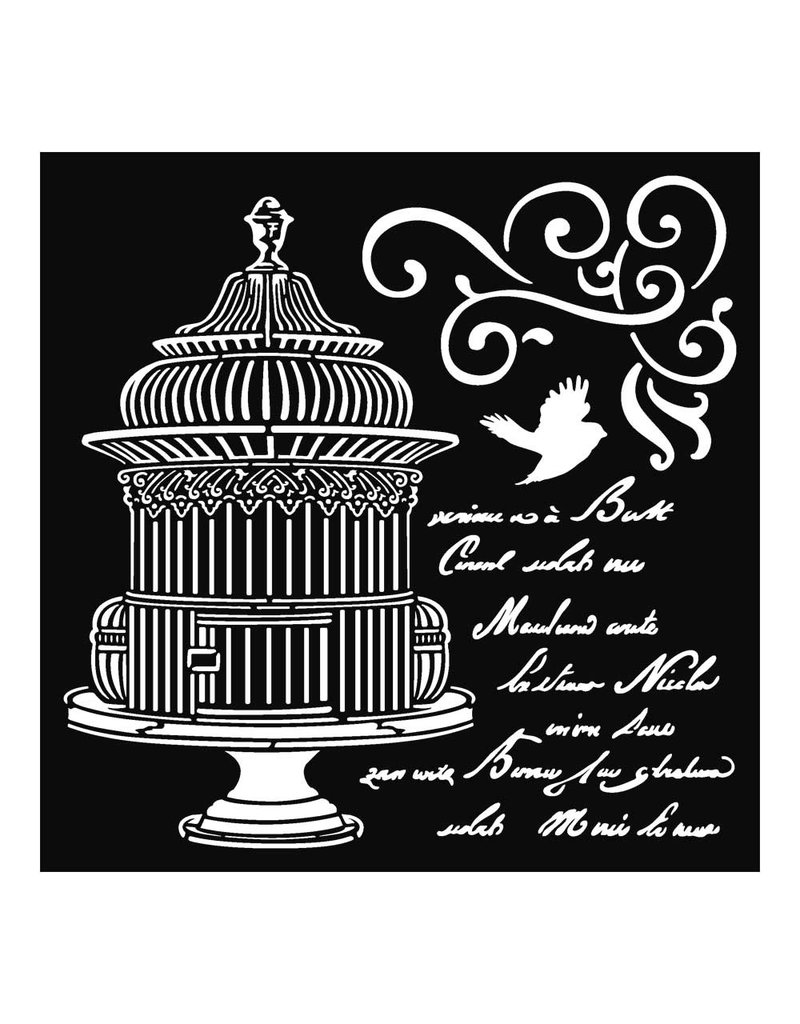 Stamperia Thick stencil 18x18 cm - Little cage with scriptures