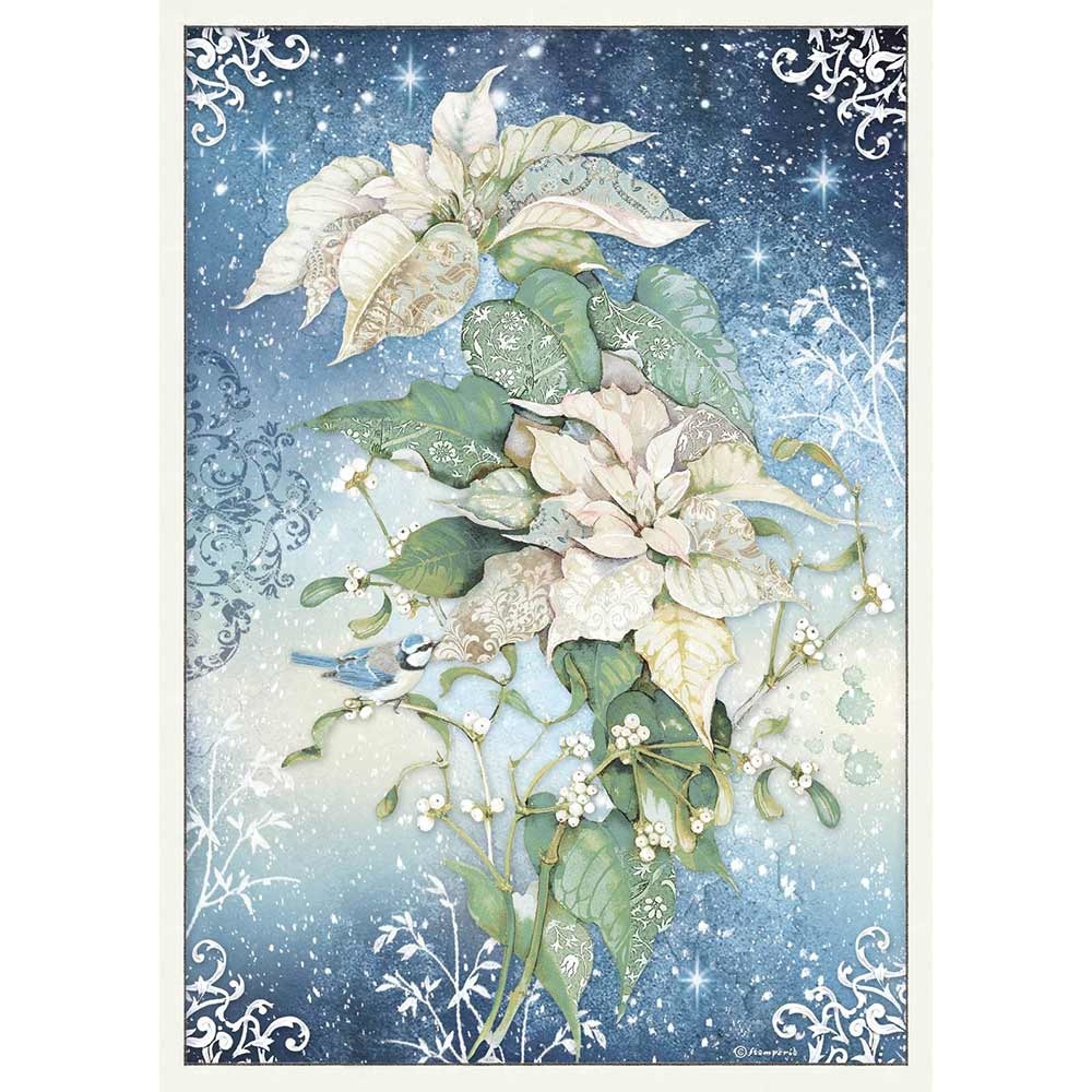 Stamperia A3 Rice paper packed Poinsettia white