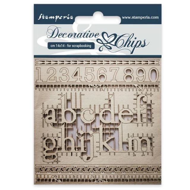 Stamperia Decorative chips cm 14x14 Alphabet and numbers