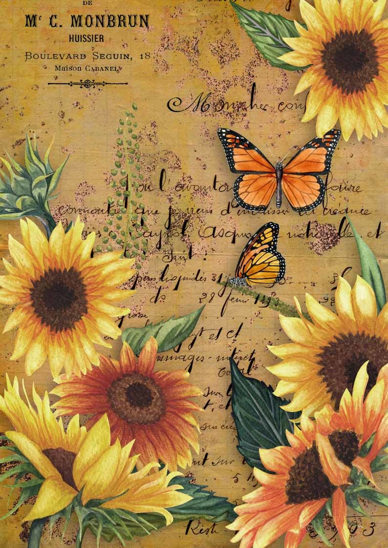 Decoupage Queen Sunflowers and Monarch Butterfly Rice Paper A3