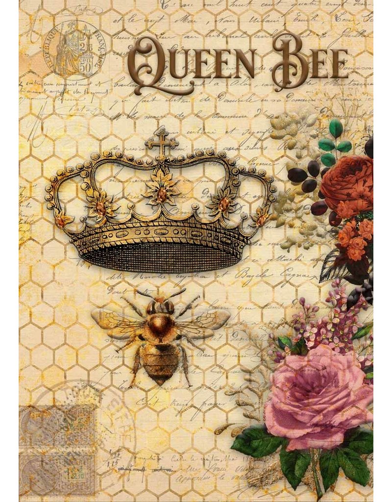 Decoupage Queen Queen Bee and Roses with Honeycomb Rice Paper A3Queen Bee and Roses with Honeycomb Rice Paper A3