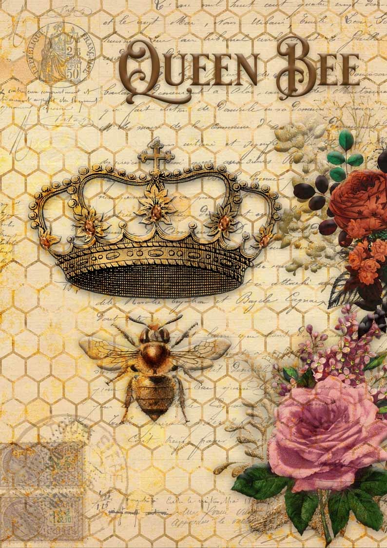 Decoupage Queen Queen Bee and Roses with Honeycomb Rice Paper A3