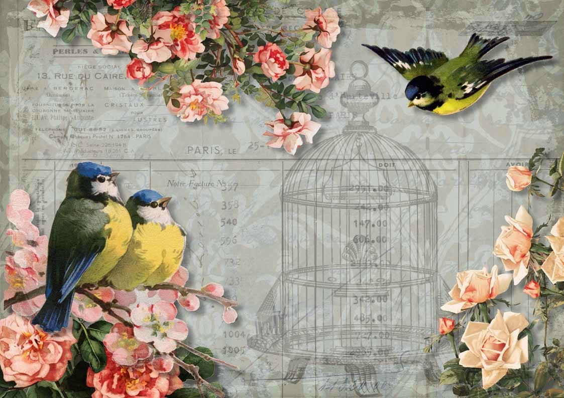 Decoupage Queen Chickadees and Roses with Birdcage A3