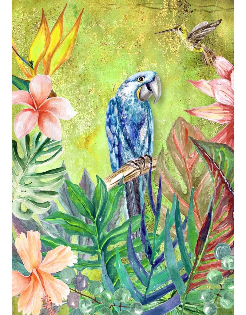 Decoupage Queen Tropical BLUE Bird with Green Background Rice Paper A4Tropical BLUE Bird with Green Background Rice Paper A4