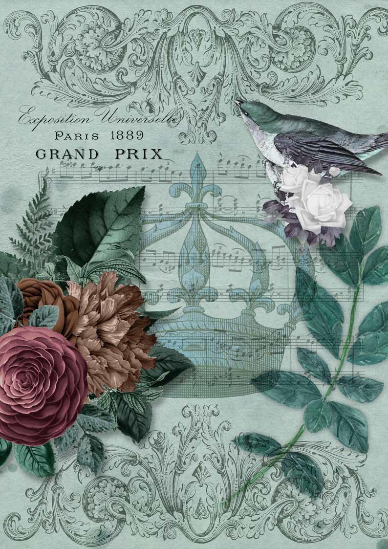 Decoupage Queen Royal Music Blue Bird and Flowers with Crown Rice Paper A4