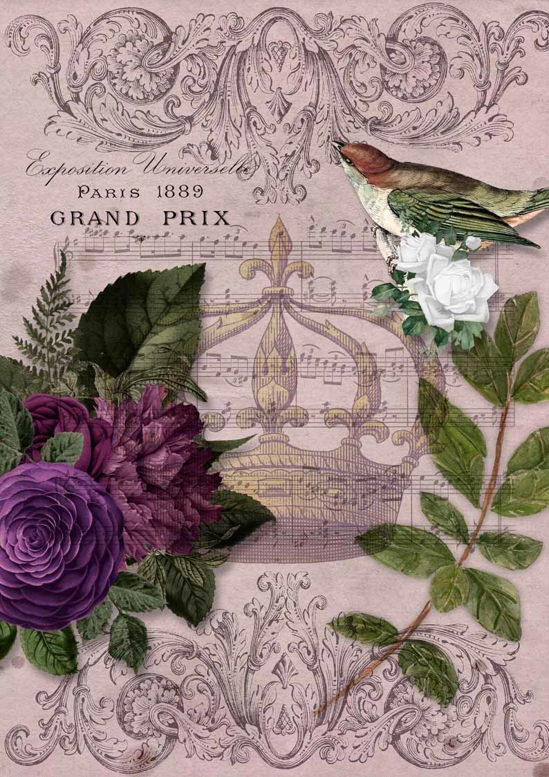 Decoupage Queen Royal Music Purple Bird and Flowers with Crown Rice Paper A4
