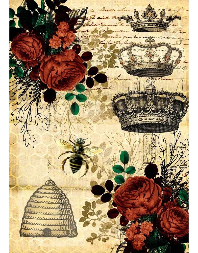 Decoupage Queen Queen Bee and Red Roses with Beehive Rice Paper A4Queen Bee and Red Roses with Beehive Rice Paper A4
