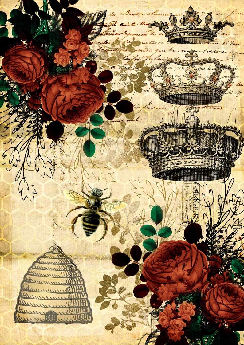 Decoupage Queen Queen Bee and Red Roses with Beehive Rice Paper A4