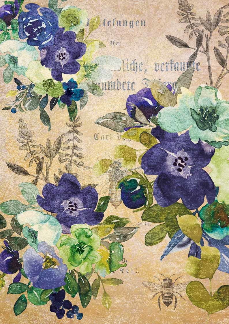 Decoupage Queen Watercolor Blue and Green Floral Rice Paper A4