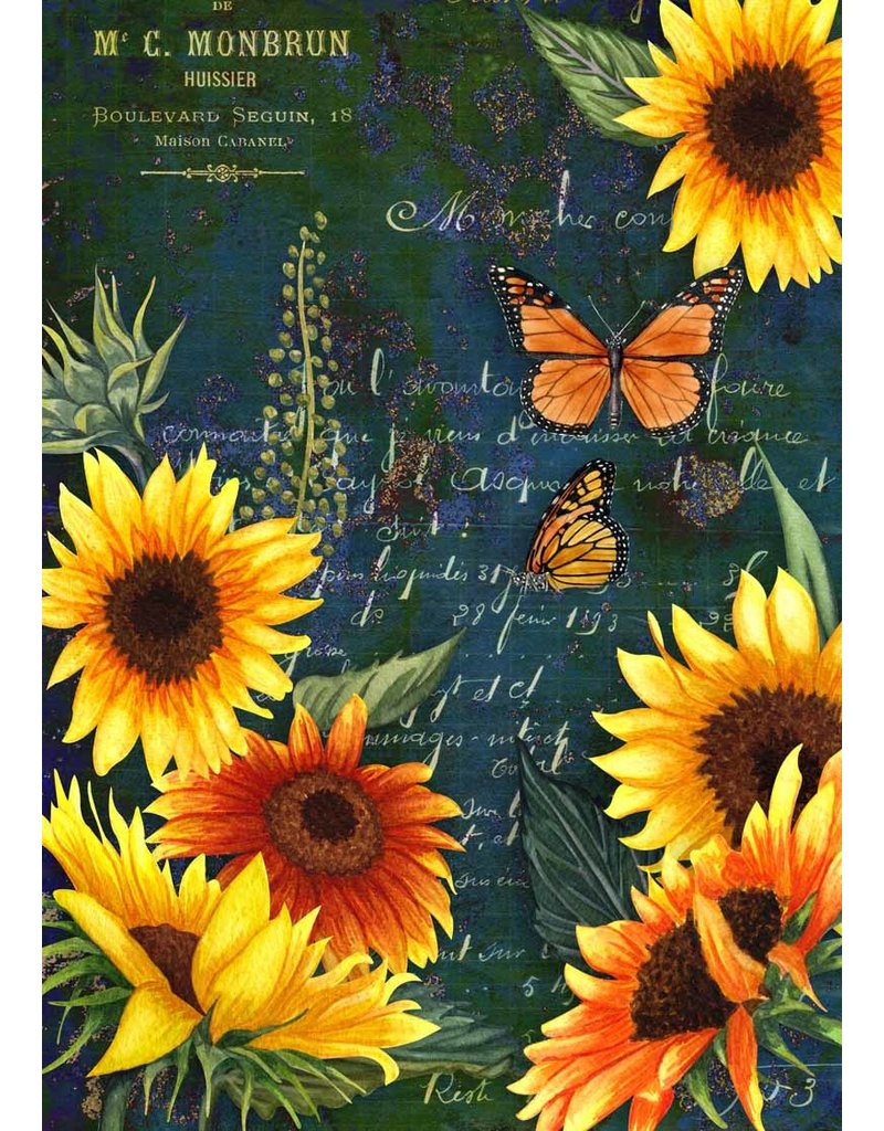 Decoupage Queen Sunflowers and Monarch Green Butterfly Rice Paper A4Sunflowers and Monarch Green Butterfly Rice Paper A4
