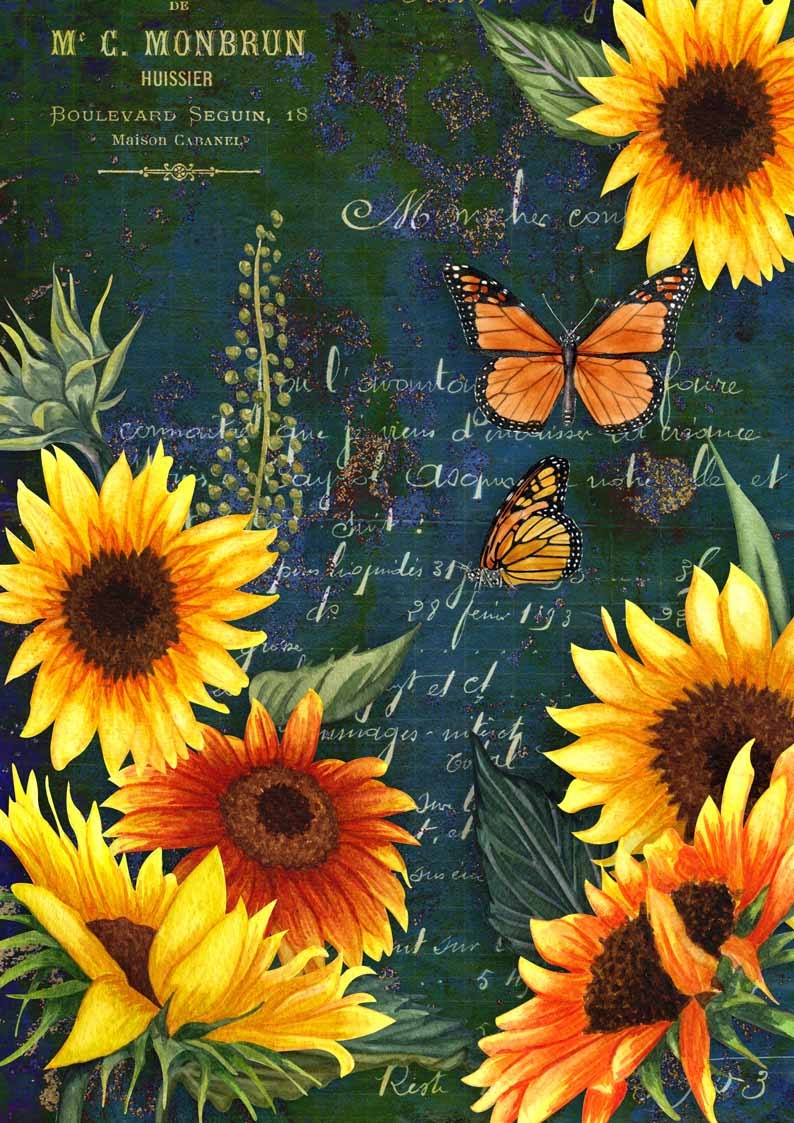 Decoupage Queen Sunflowers and Monarch Green Butterfly Rice Paper A4