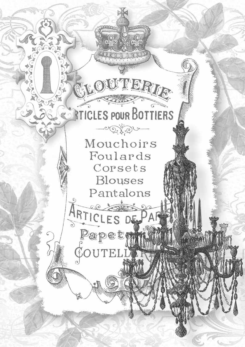 Decoupage Queen Black and White Chandelier with Label Rice Paper A4