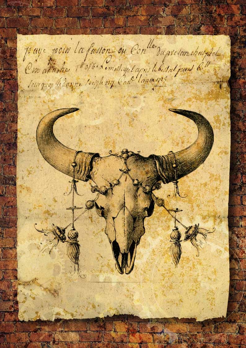 Decoupage Queen Grunge Bull Skull with Brick Background Rice Paper A4