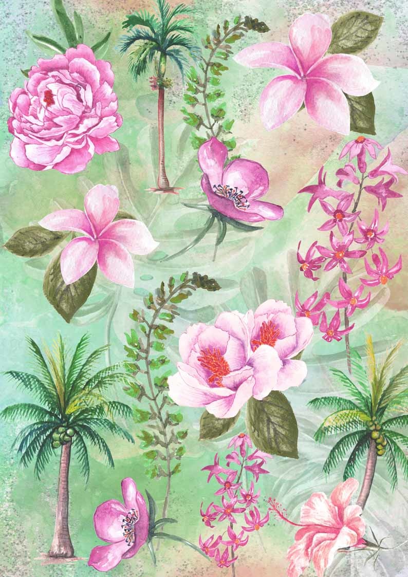 Decoupage Queen Tropical Floral Collage Rice Paper A4