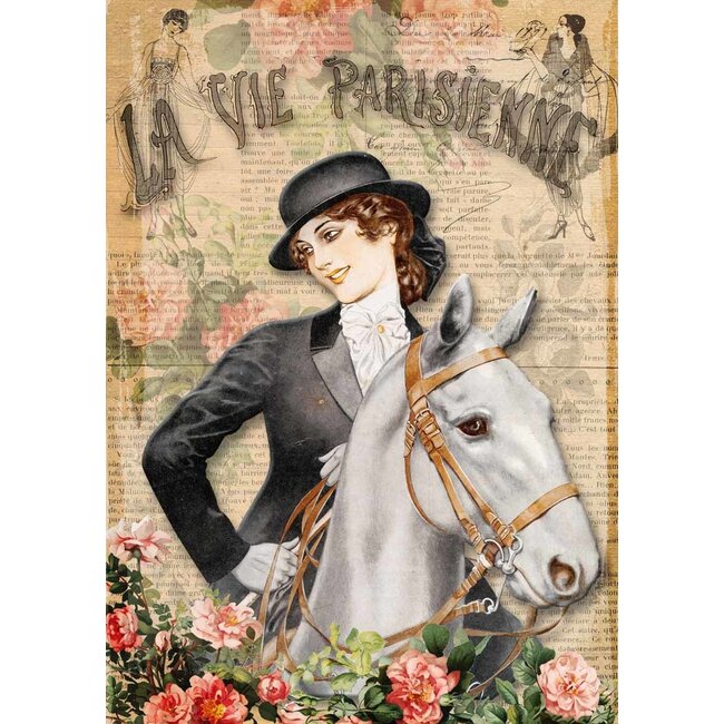 Decoupage Queen La Vie Parisienne Girl with Horse French Rice Paper A4