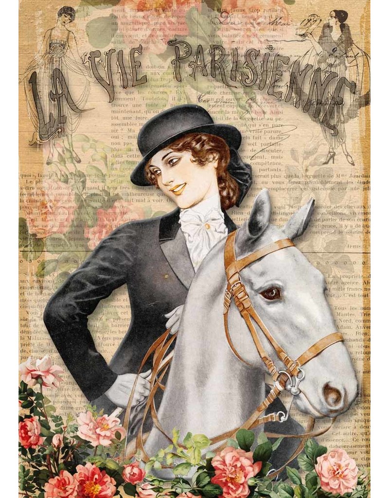 Decoupage Queen La Vie Parisienne Girl with Horse French Rice Paper A4La Vie Parisienne Girl with Horse French Rice Paper A4