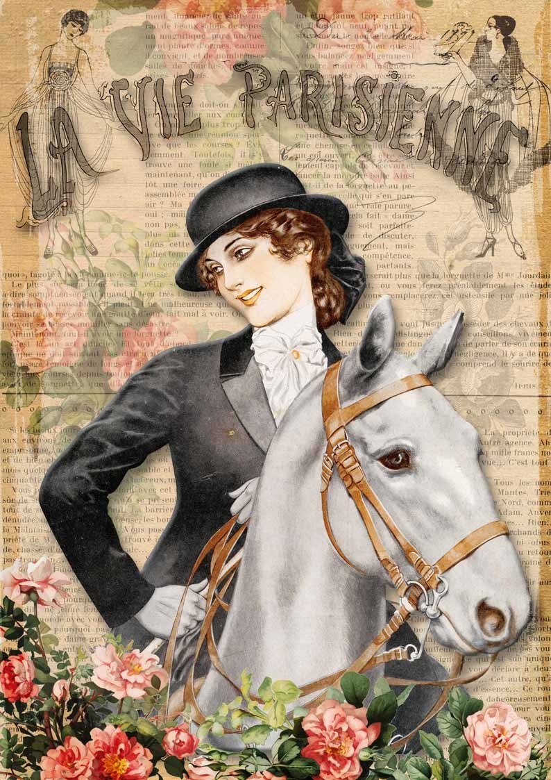 Decoupage Queen La Vie Parisienne Girl with Horse French Rice Paper A4