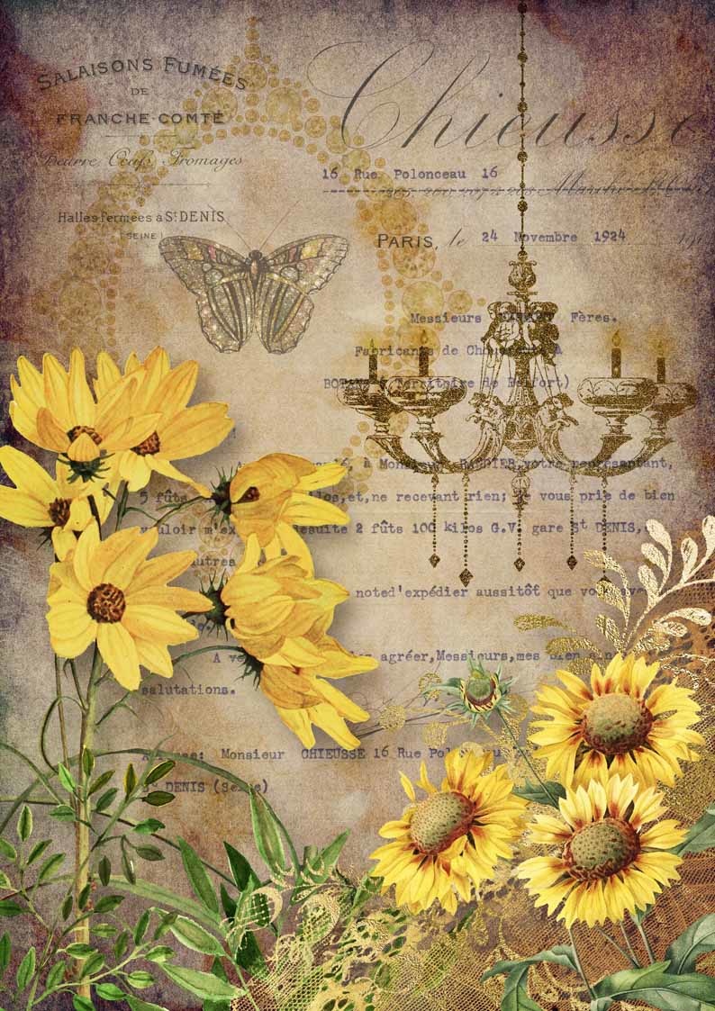 Decoupage Queen Elegant Sunflowers with Chandelier Rice Paper A4