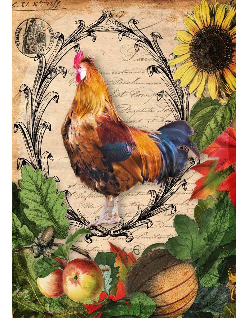 Decoupage Queen Autumn Rooster with Harvest Vegetables Rice Paper A4Autumn Rooster with Harvest Vegetables Rice Paper A4