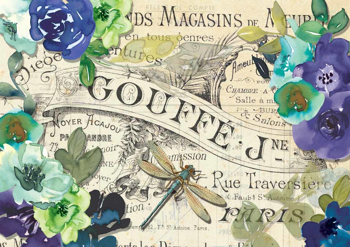 Decoupage Queen Watercolor Blue Flowers and Dragonfly A4