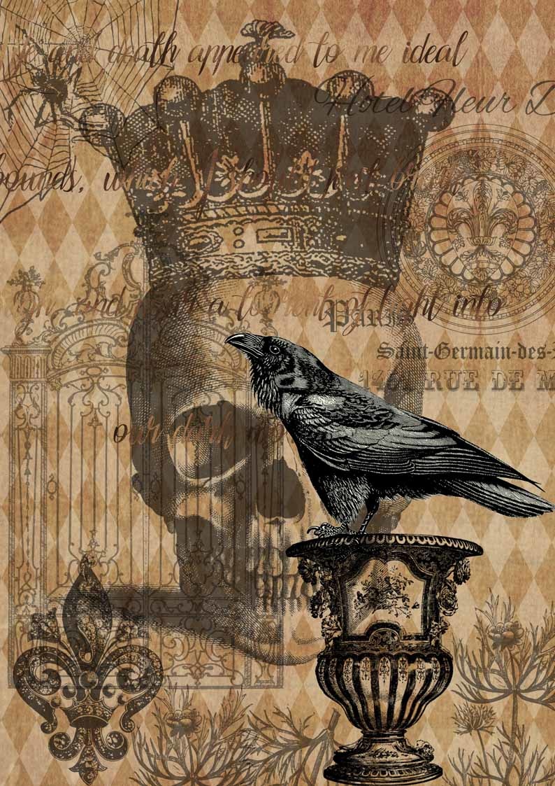 Decoupage Queen Halloween Raven with Skull and Gate A4