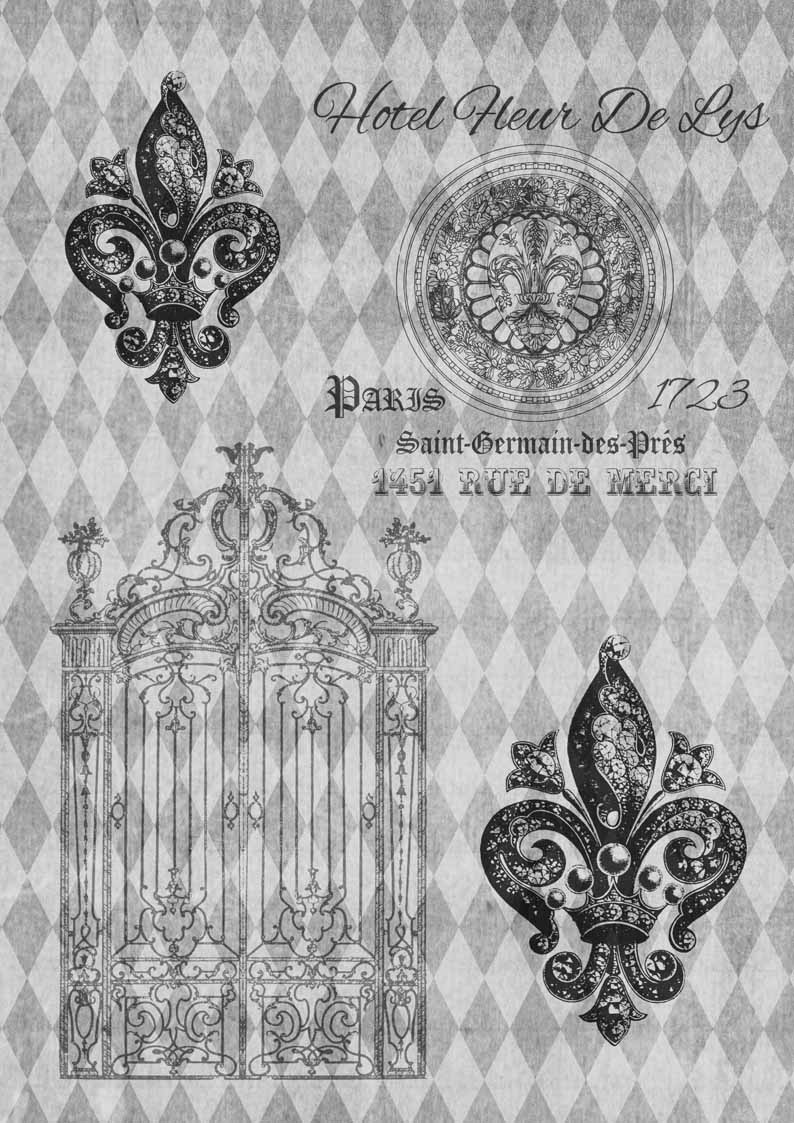 Decoupage Queen Hotel Harlequin Fleur de Lis Black and White A4