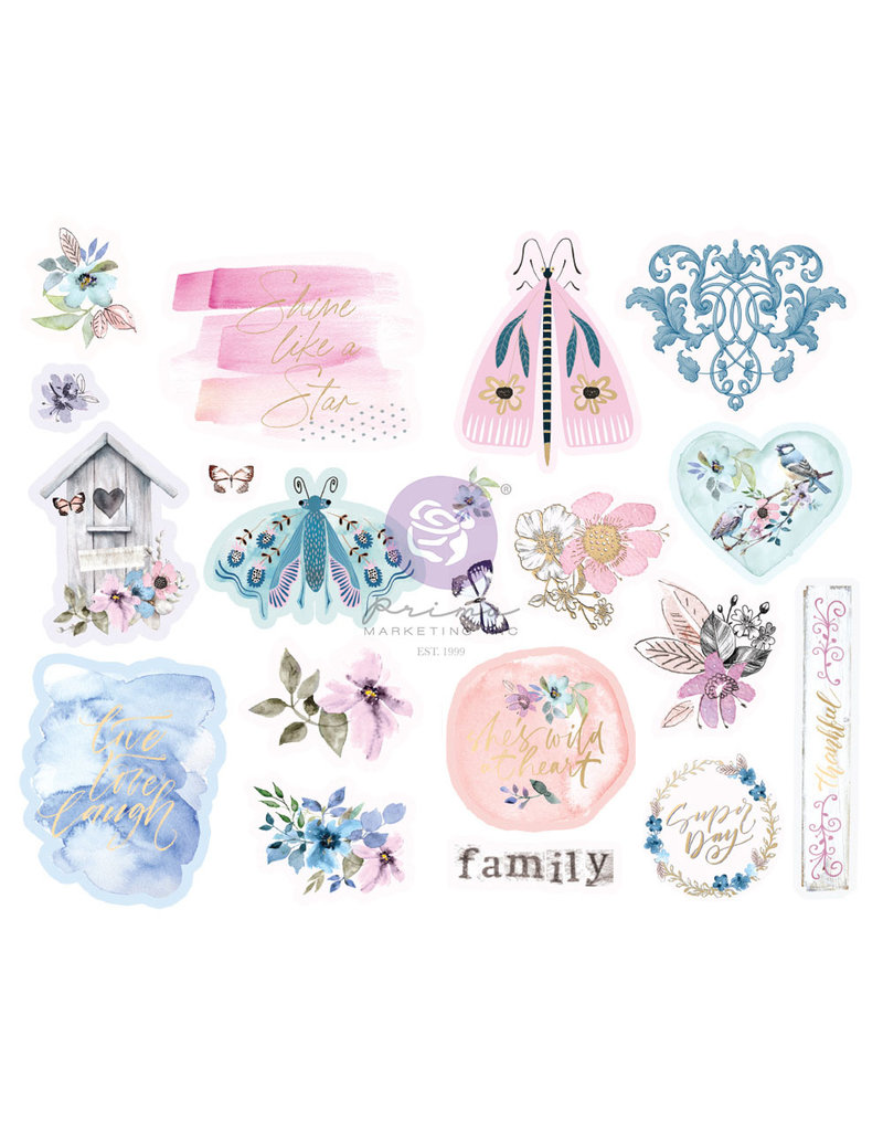 Prima Marketing Watercolor Floral Collection Chipboard Stickers - 20 pcs w/ foil details / chipboard stickers
