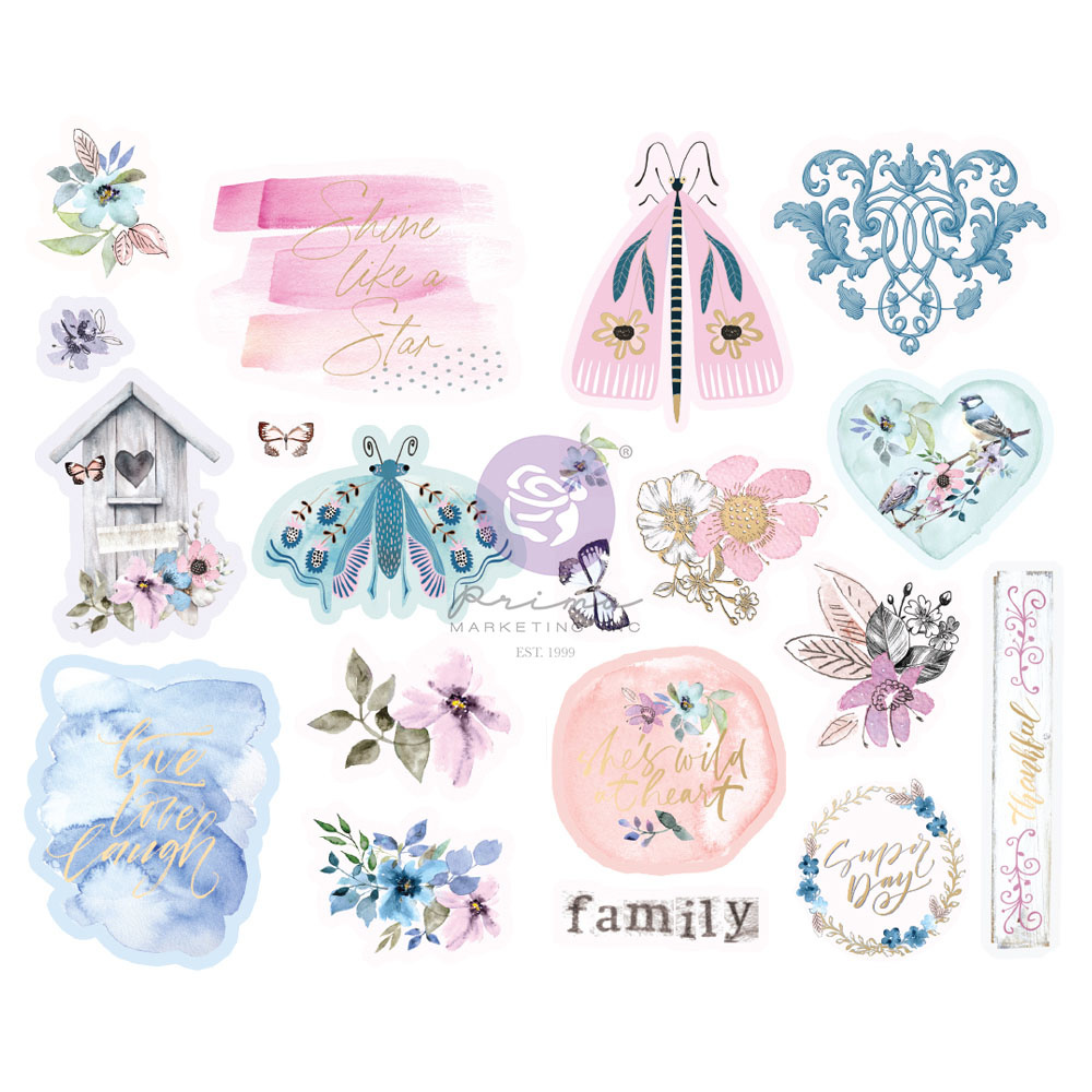 Prima Marketing Watercolor Floral Collection Chipboard Stickers - 20 pcs w/ foil details / chipboard stickers