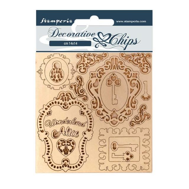 Stamperia Decorative chips 14x14 Alice keys and frames