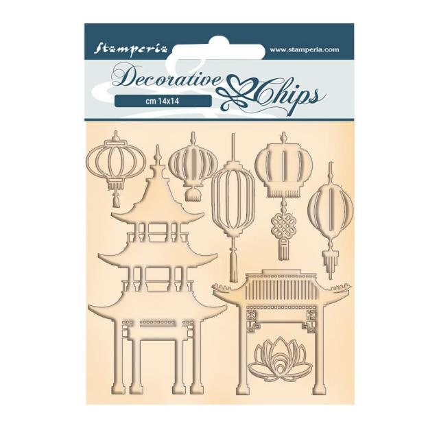 Stamperia Decorative chips cm 14x14 - Sir Vagabond in Japan pagoda and lamps