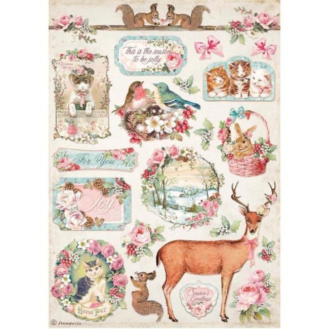 Stamperia A4 Rice paper packed - Pink Christmas deer