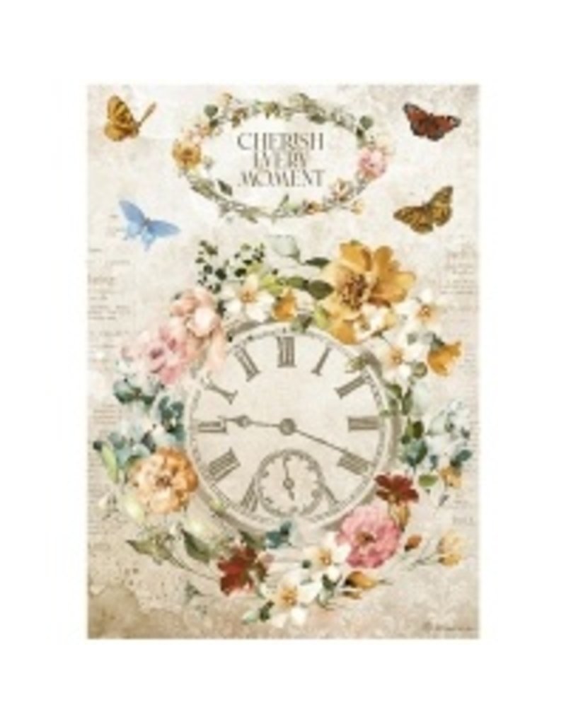 Stamperia A4 Rice paper packed - Garden of Promises cherish every moment clock