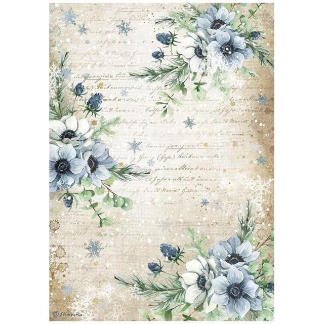Stamperia A4 Rice paper packed - Romantic Cozy winter blue flowers
