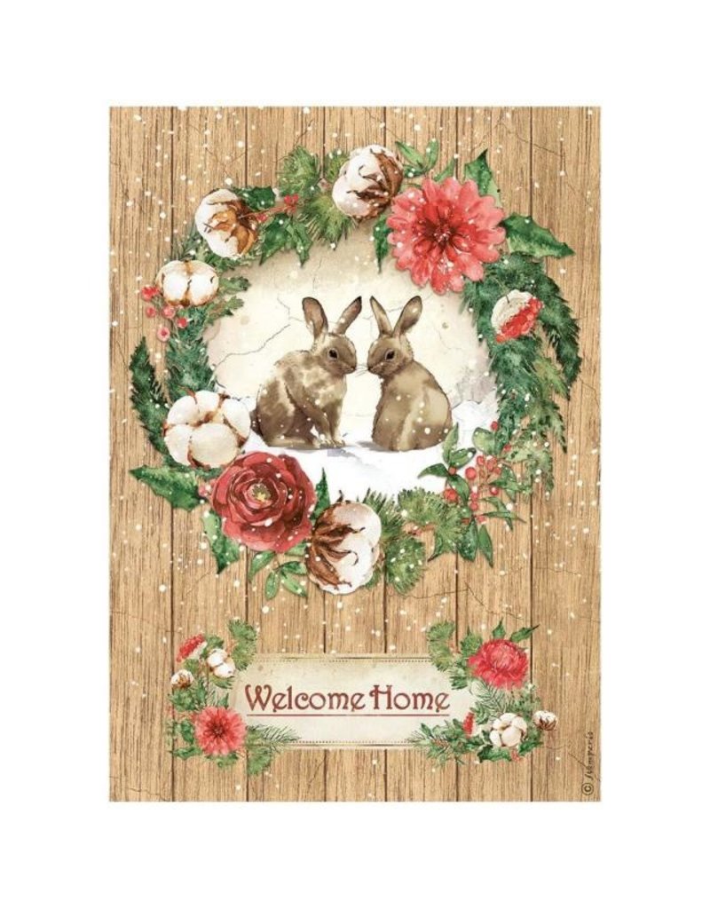 Stamperia A4 Rice paper packed - Romantic Home for the holidays welcome home bunnies