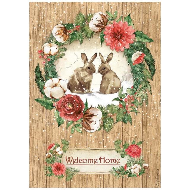 Stamperia A4 Rice paper packed - Romantic Home for the holidays welcome home bunnies