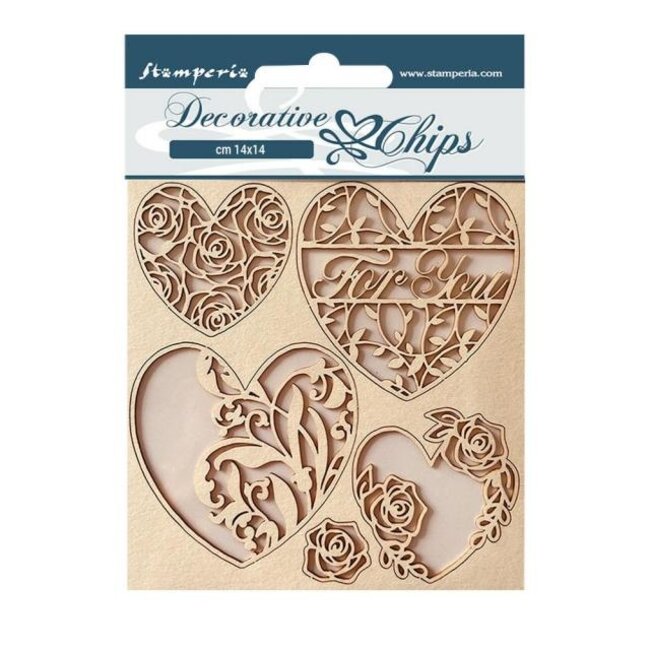 Stamperia Decorative chips cm 14x14 - Rose Parfum hearts