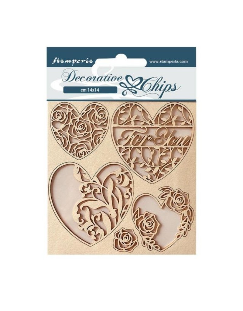 Stamperia Decorative chips cm 14x14 - Rose Parfum hearts