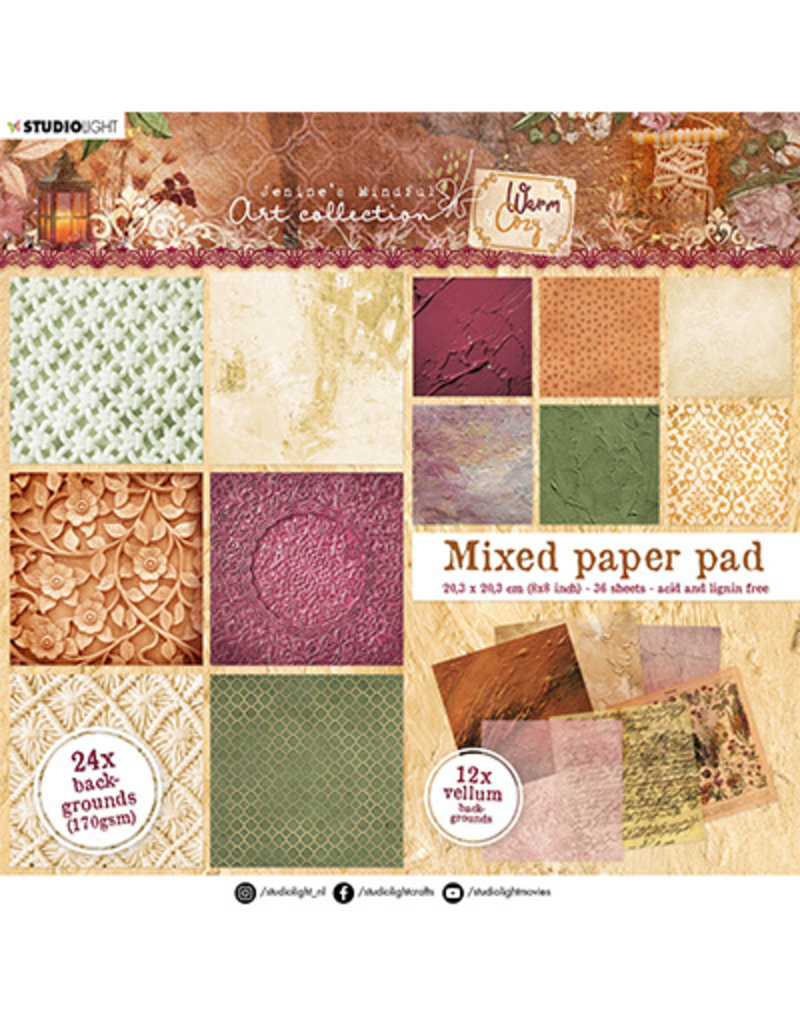 Studio Light JMA Mixed Paper Pad Backgrounds - 24x paper, 12x vellum Warm & Cozy 203x203mm nr.09