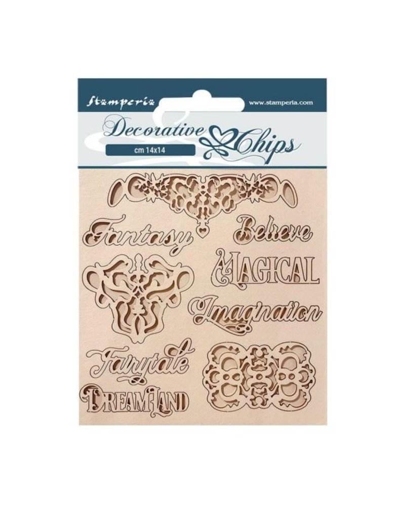 Stamperia Decorative chips cm 14x14 - Magic Forest writings and plates