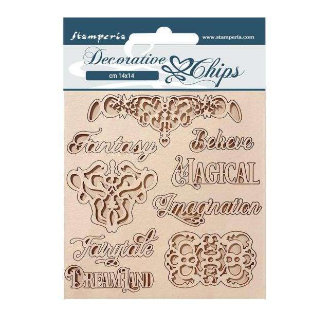 Stamperia Decorative chips cm 14x14 - Magic Forest writings and plates