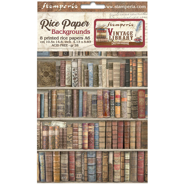 Stamperia Selection 8 Rice paper A6 backgrounds - Vintage Library