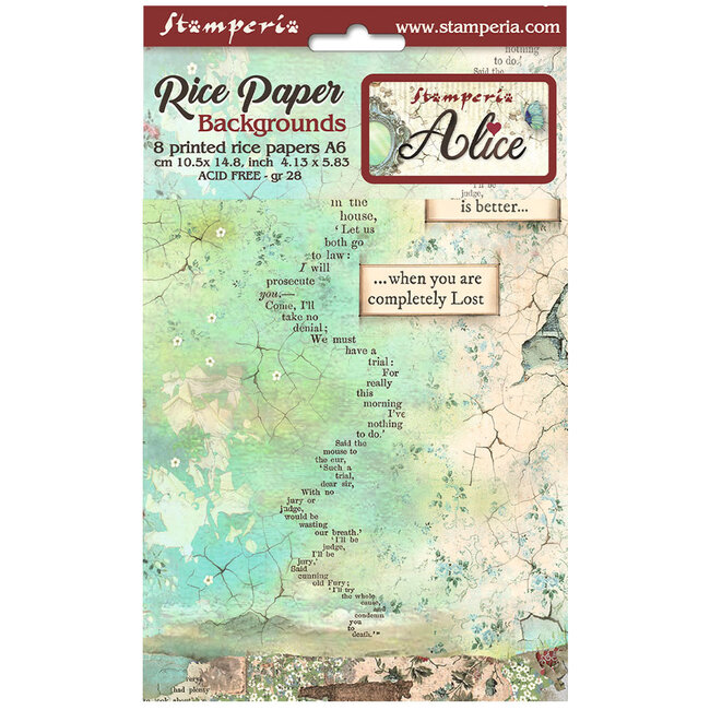 Stamperia Selection 8 Rice paper A6 backgrounds - Alice Forever