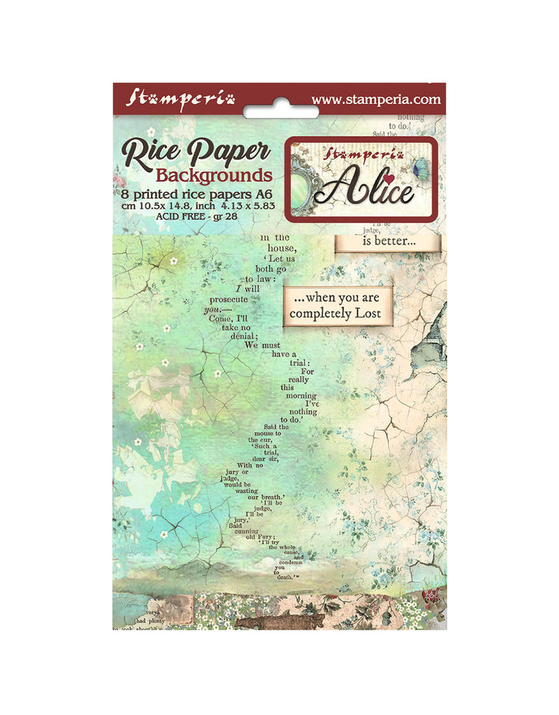 Stamperia Selection 8 Rice paper A6 backgrounds - Alice Forever